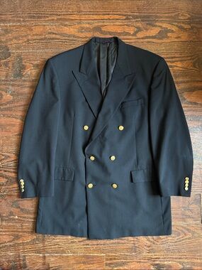 Vintage Hart Schaffner Marx Black Double-Breasted Blazer with Gold Buttons 46L